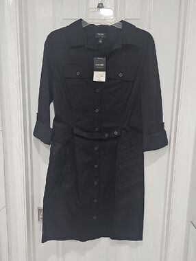 Nicole Miller Black Button-Front Shirt Dress with Rolled Sleeves